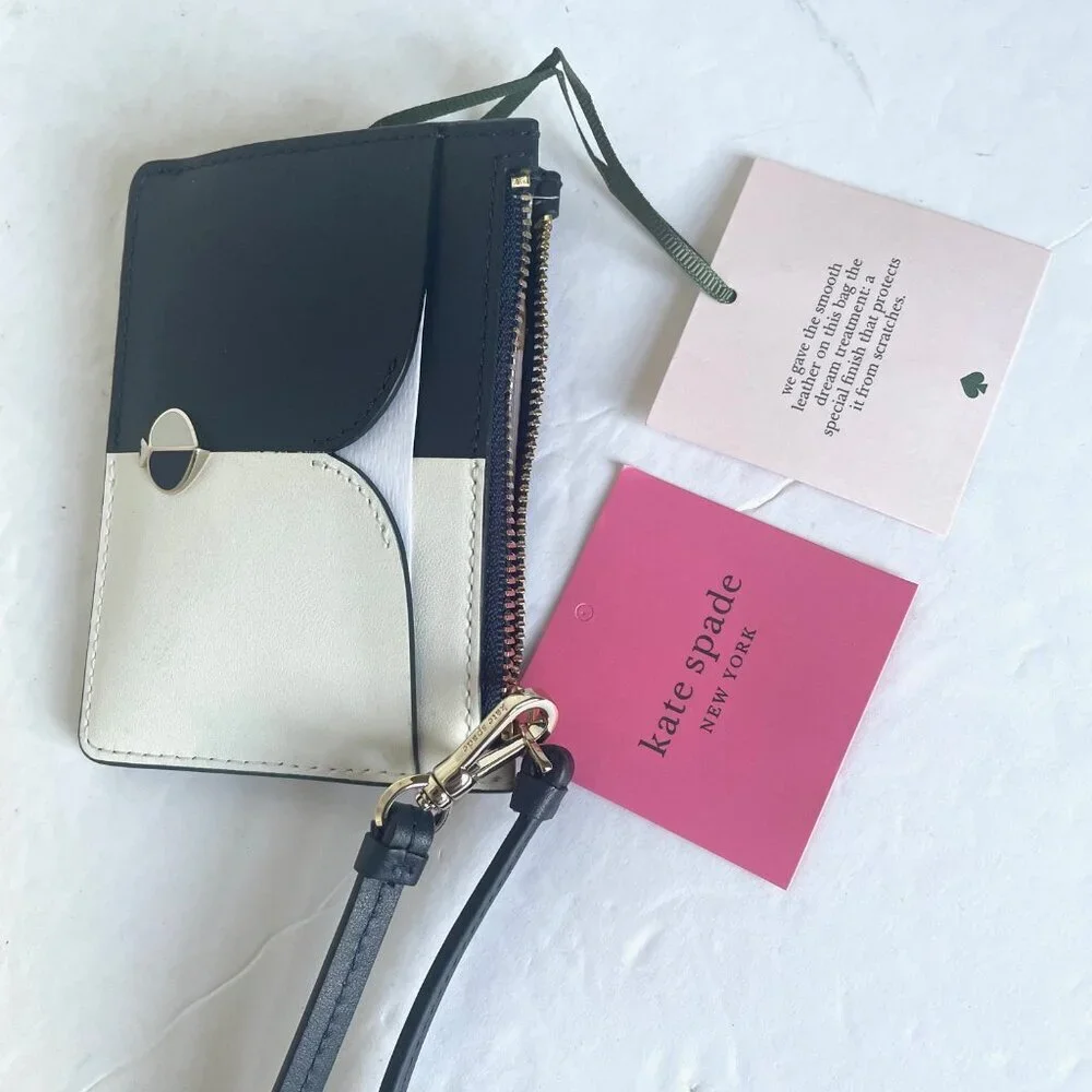 Kate Spade Nicola Mini Wristlet Wallet Black White Colorblock Leather Zip Card H